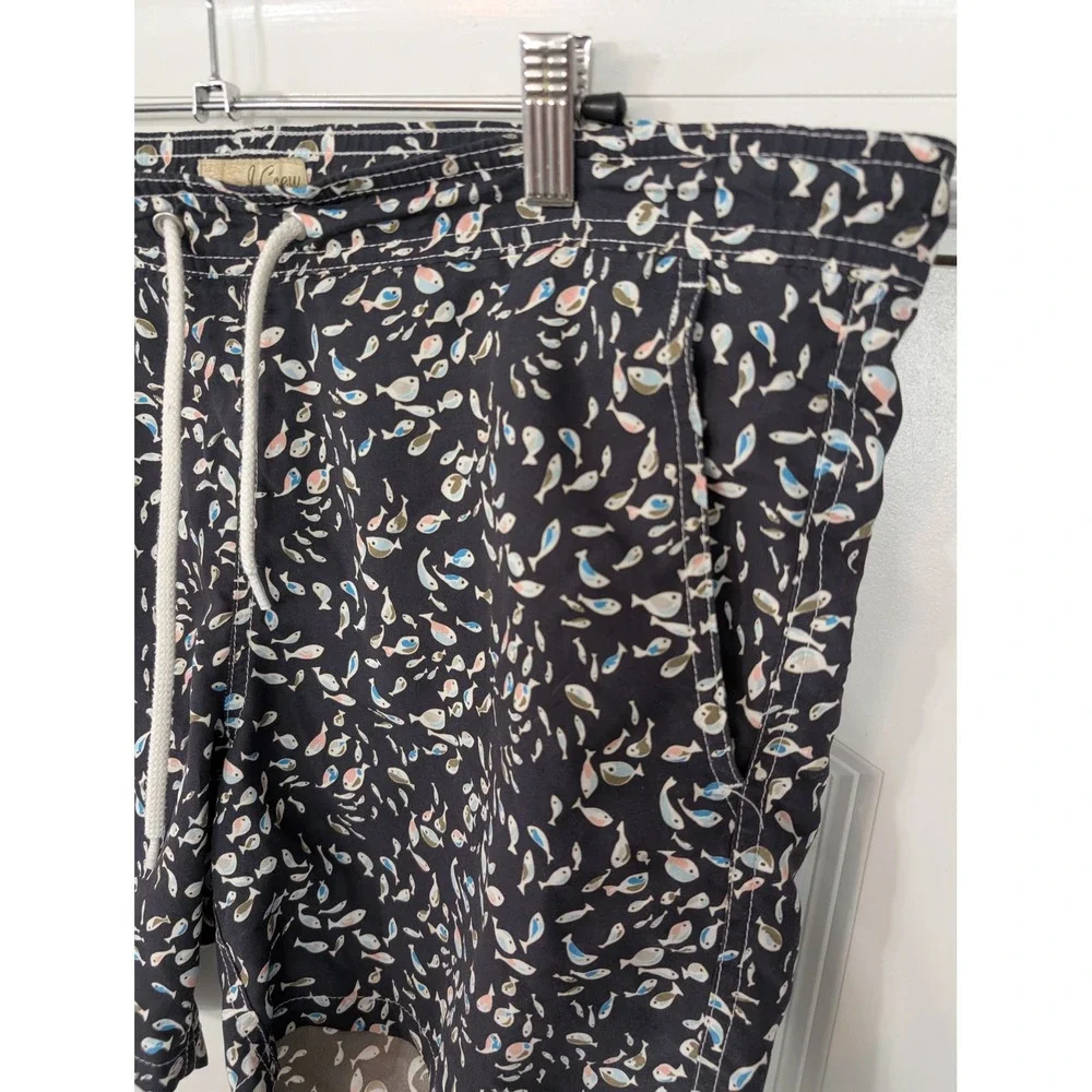 J Crew Swim Trunks Mens Size S Fish‎ Print Navy Blue Liberty Fabric Board Shorts